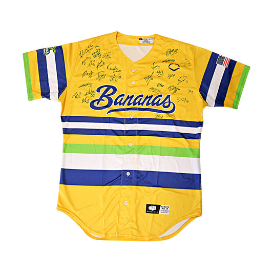 Savannah Bananas 2025 Team Autographed Game Model Bananas Multi Color Striped Yellow Evoshield Jersey