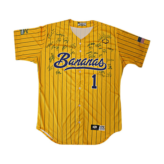Savannah Bananas 2025 Team Autographed Game Model Bananas Yellow Pinstripe Evoshield Jersey