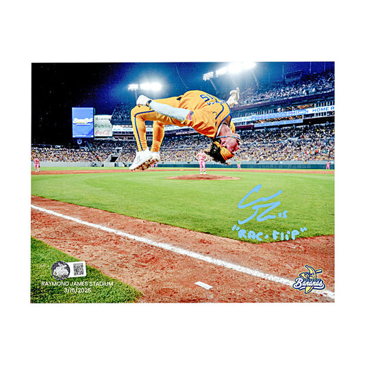 Robert Anthony Cruz Autographed Inscribed 'RAC-Flip' Savannah Bananas 8x10 Photograph - In Blue