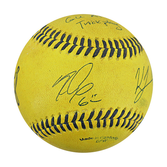 Ryan Cox/KJ Jackson Savannah Bananas Dual Autographed and Inscribed Game Used Banana Ball from 3/29/25 at Atlanta - Top 3 Trick Play