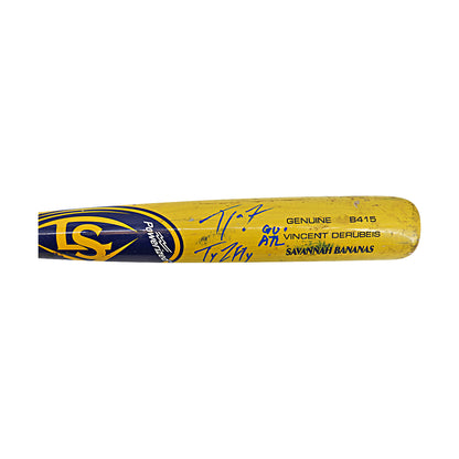 Ty Jackson Savannah Bananas Autographed and Inscribed Game Used Vincent Derubeis Model Cracked Bat from 3/29/25 at Atlanta - Bottom of 5th