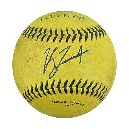 KJ Jackson Savannah Bananas Autographed and Inscribed Game Used Banana Ball from 3/29/25 at Atlanta - Top 7 Last Out Trick Play
