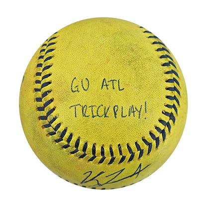 KJ Jackson Savannah Bananas Autographed and Inscribed Game Used Banana Ball from 3/29/25 at Atlanta - Top 7 Last Out Trick Play