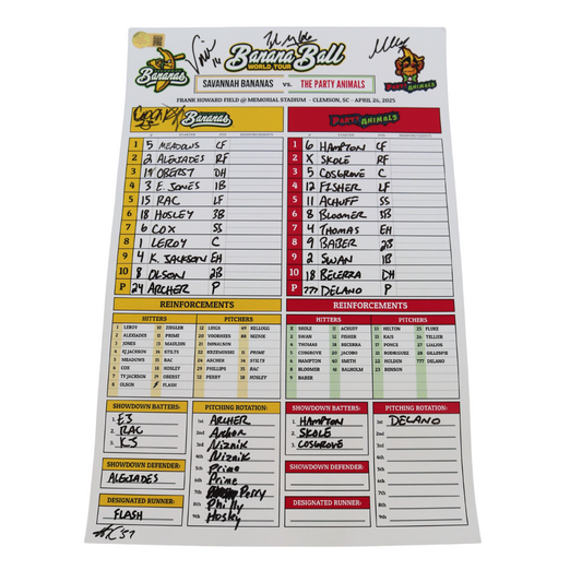 Tyler Gillum, Coach Virant, Coach Horton, Coach Fox Savannah Bananas Multi Autographed Game Used Lineup Card vs Party Animals from 4/26/25 at Clemson