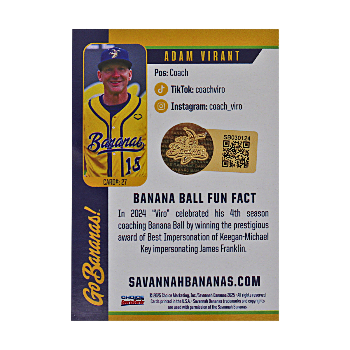 Adam Virant Signed Inscribed Bananas Trading Card 5.24.25 Kauffman Stadium  