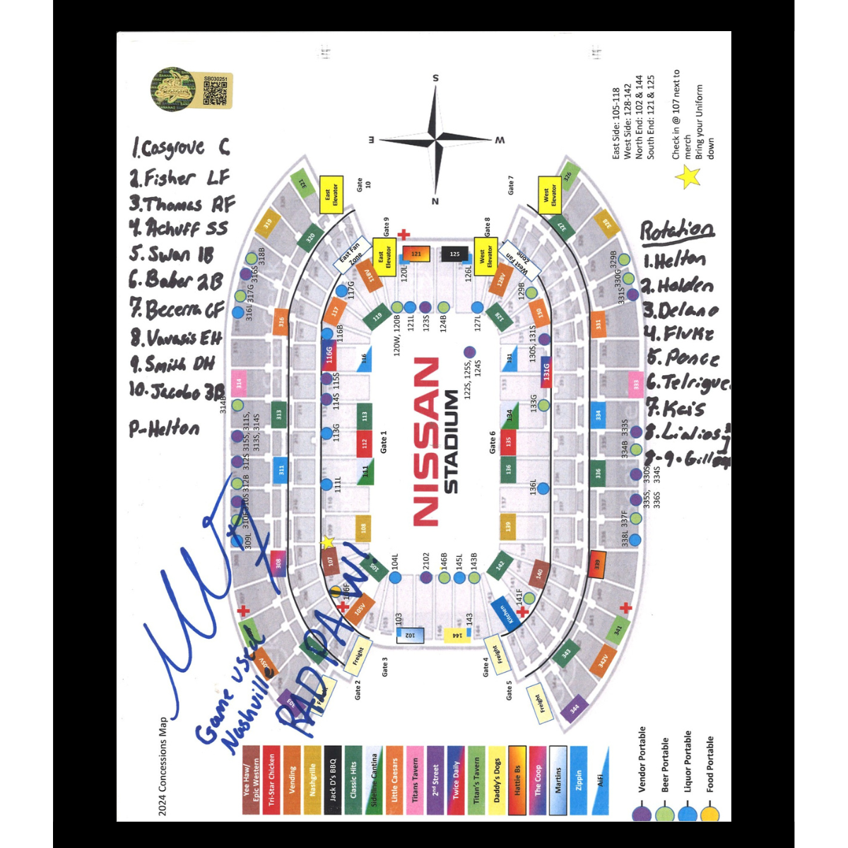 Mike Vavasis Signed Inscribed Game Used Lineup Card 5.10.25 Nissan Stadium 