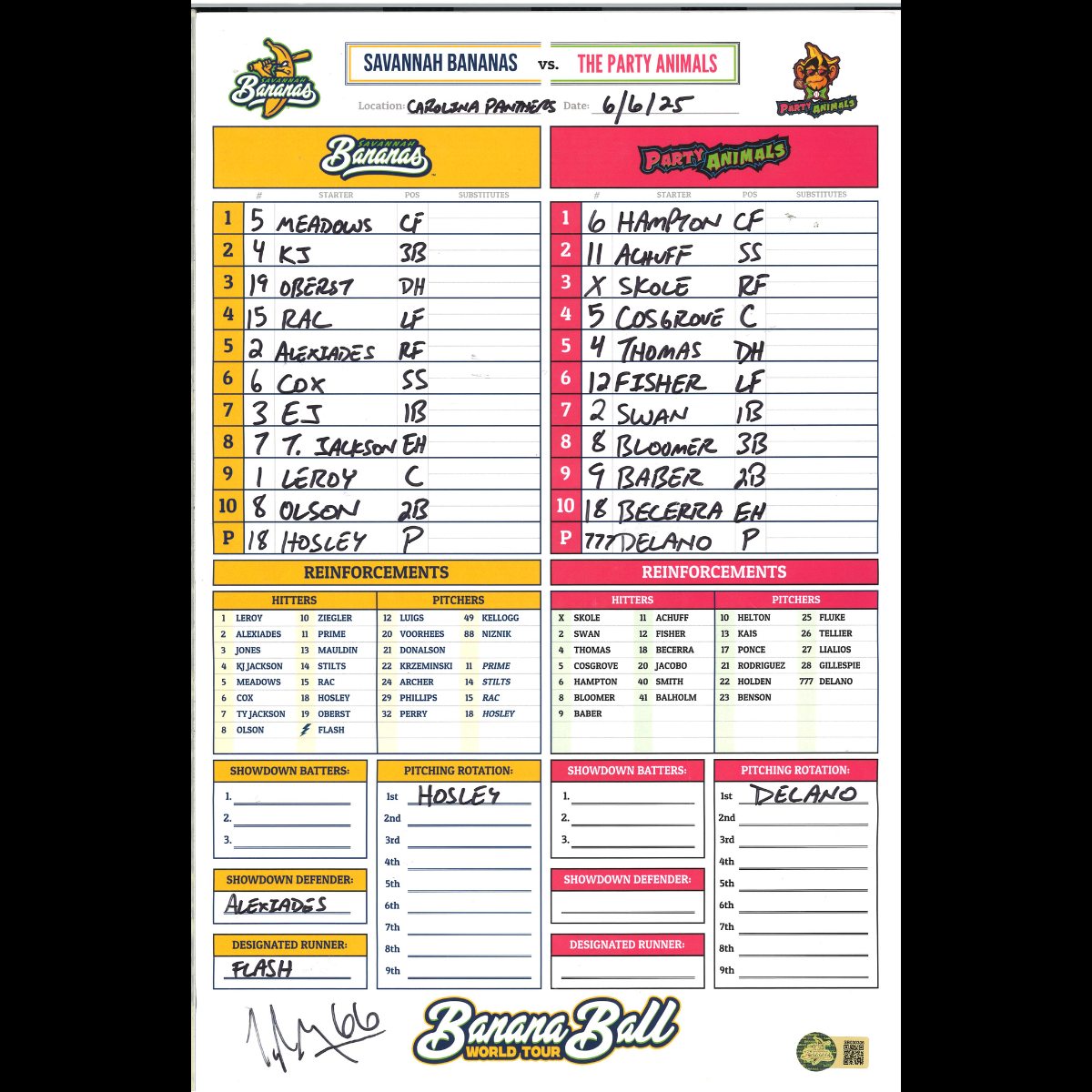 Adam Virant Autographed Lineup Card 6.6.25 Bank of America Stadium 