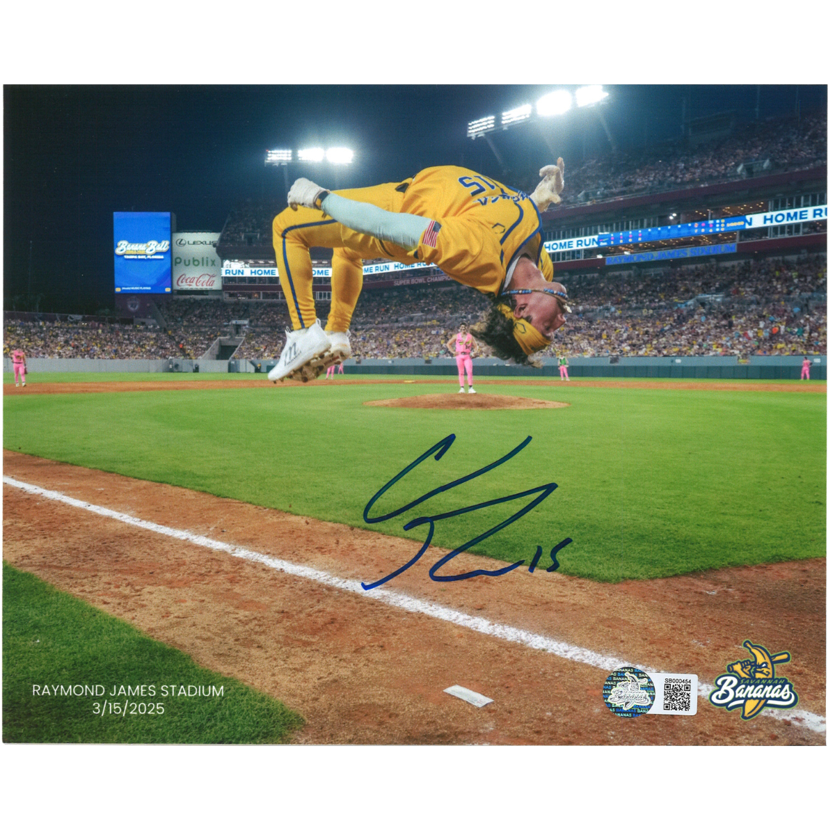Robert Anthony Cruz Savannah Bananas Autographed 2025 Back Flip 8x10 Photo