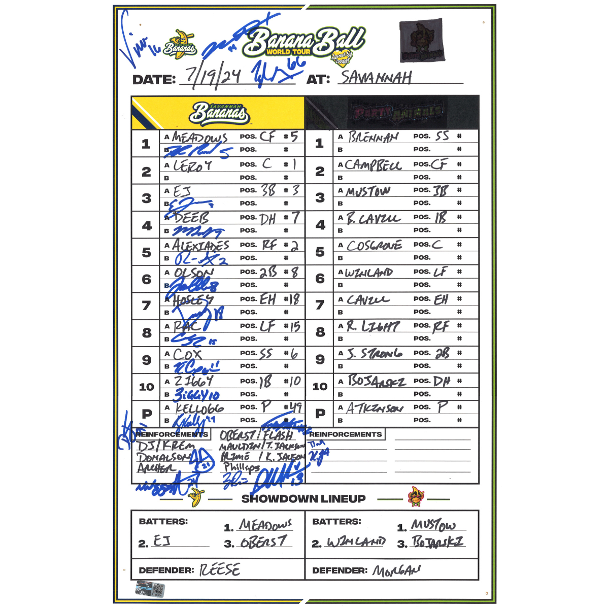 Savannah Bananas vs Party Animals 11"x17" Team Signed Lineup Card - @ Savannah 07/19/2024