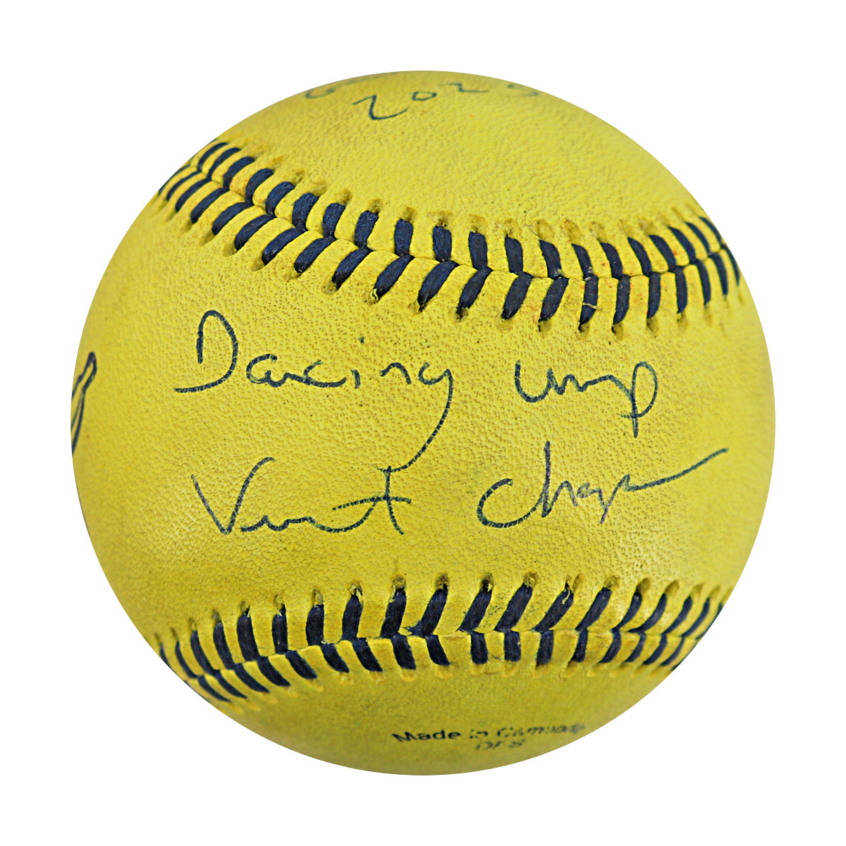 Vincent "The Dancing Umpire" Chapman Autographed and Inscribed Game Used Banana Ball from 3/15/25 at Tampa (1 of 2)